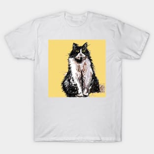 Tuxedo Cat Cute Drawing - on Yellow T-Shirt